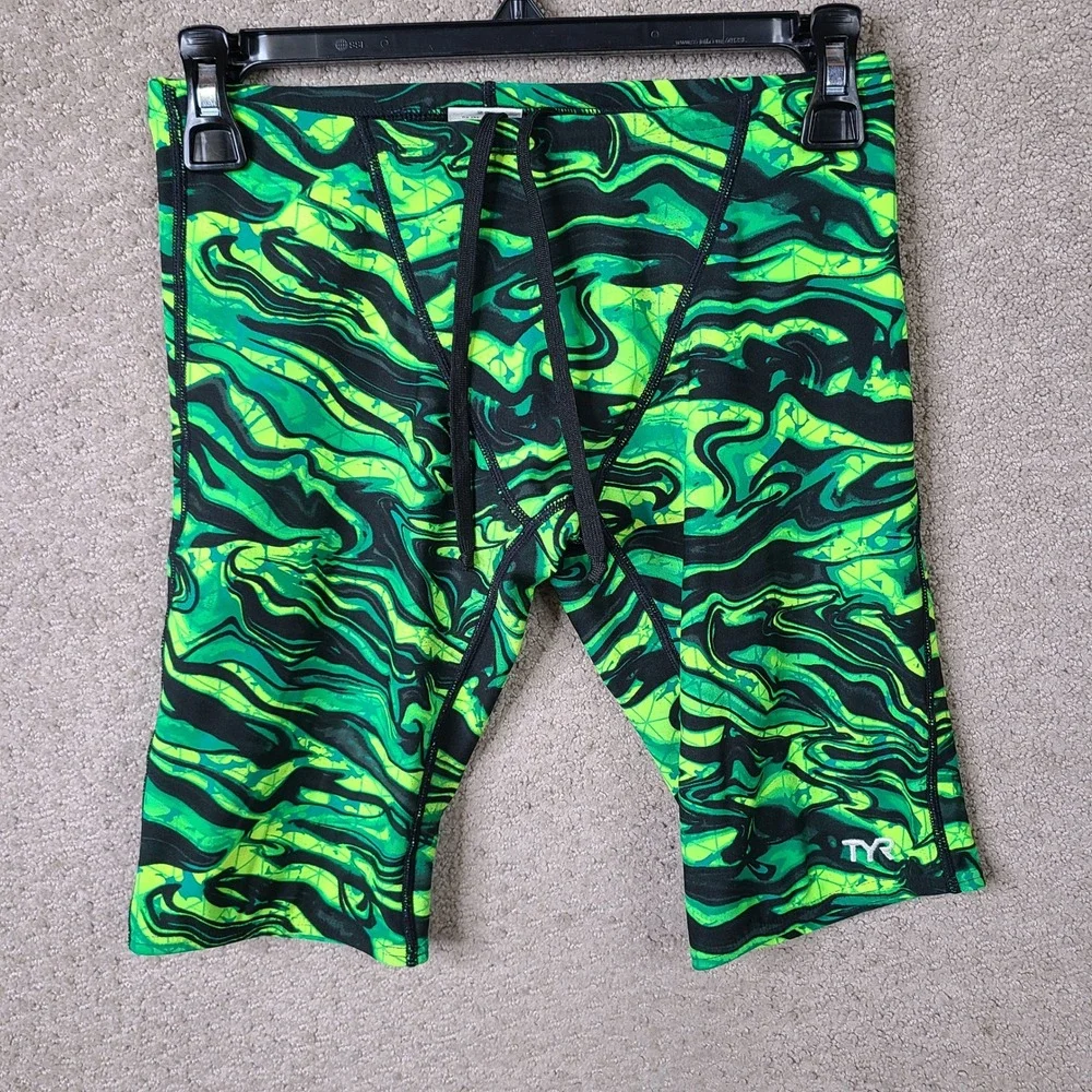 TYR Swim Jammers Mens 28 Green Swirl Pattern Jammer Performance Spandex Athletic